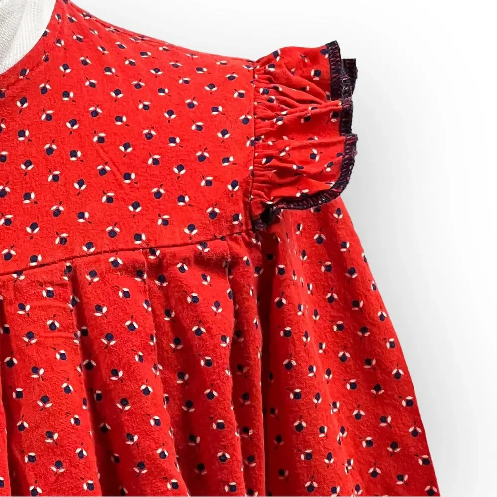 Vintage Youngland Prairie Dress Girls 5 Red Calico Smocked Christmas Dress